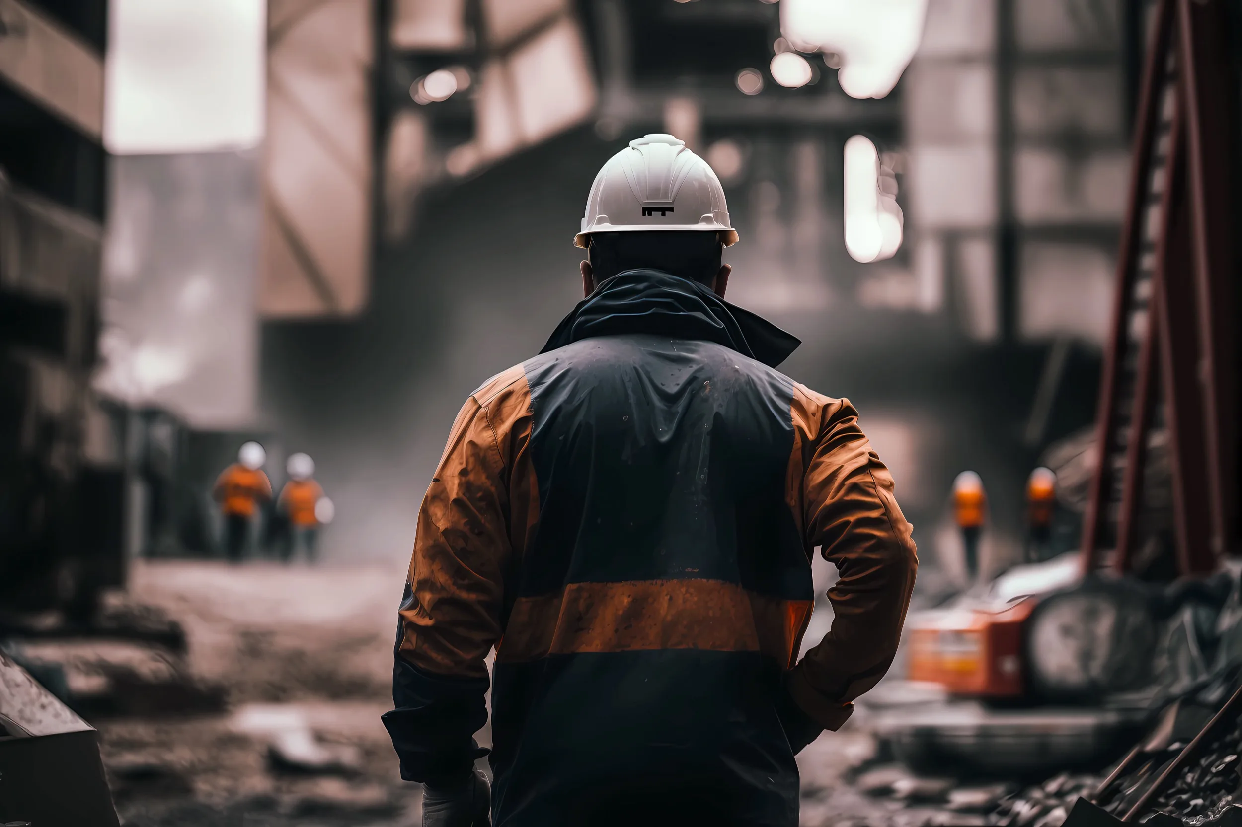 A worker in a hard hat and jacket facing an industrial site