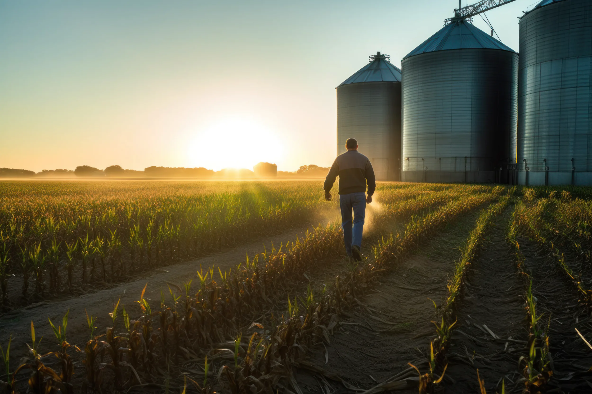 A farm worker walking through a crop toward grain silos at sunset