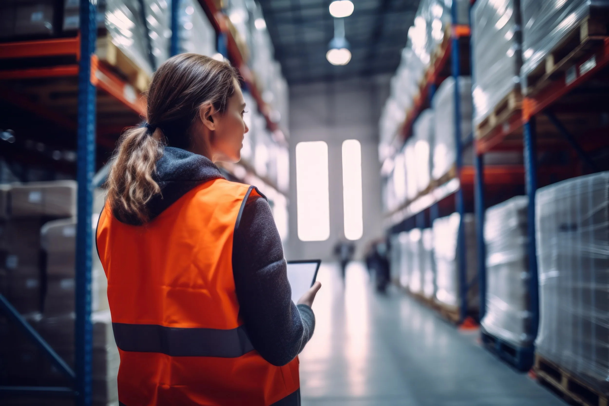 A warehouse worker in a high-visibility vest checking stock between tall racking