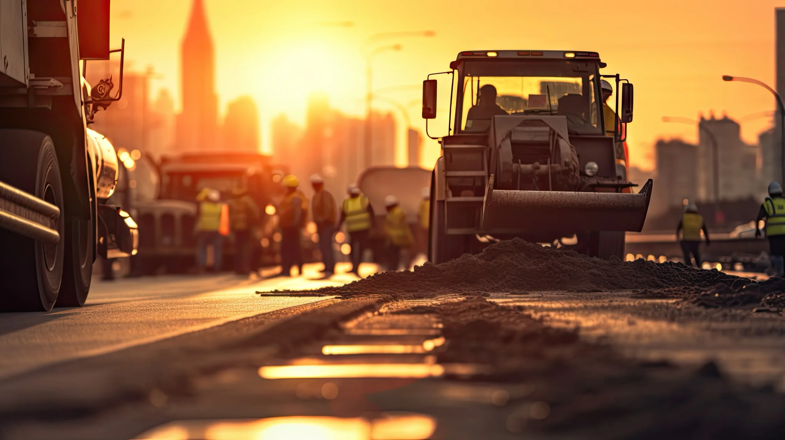A road-works crew and paving machinery on a site at sunset
