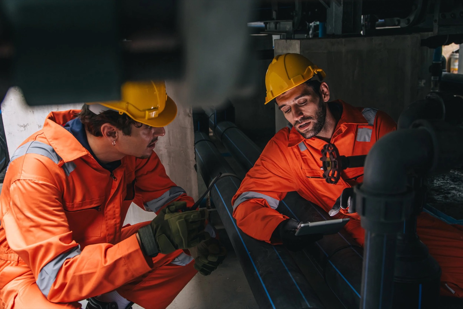 Two workers in high-visibility gear assessing a task with a tablet in the field