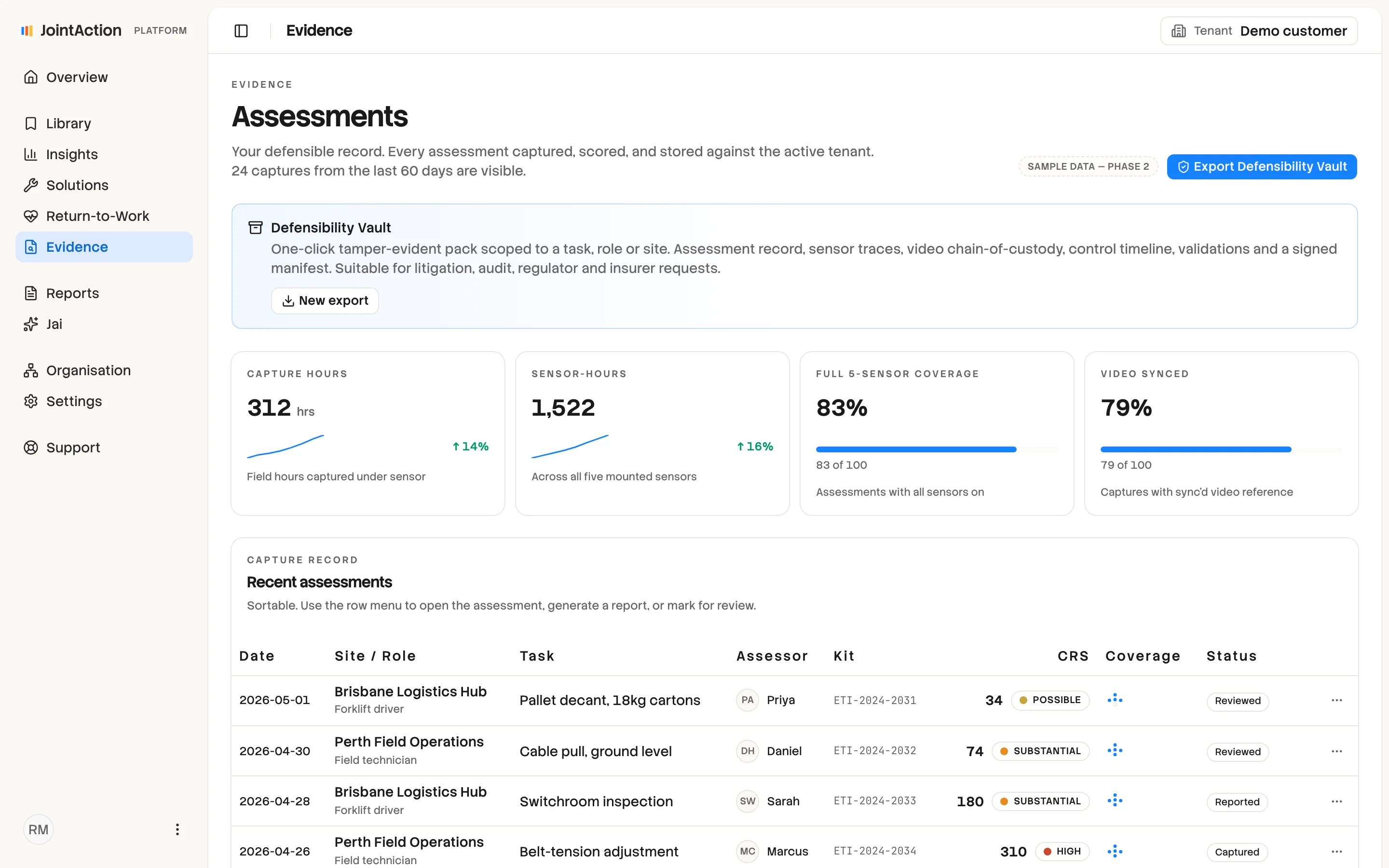 Assessments: the defensible record with the Defensibility Vault export, capture hours, sensor hours, coverage and the recent assessments table