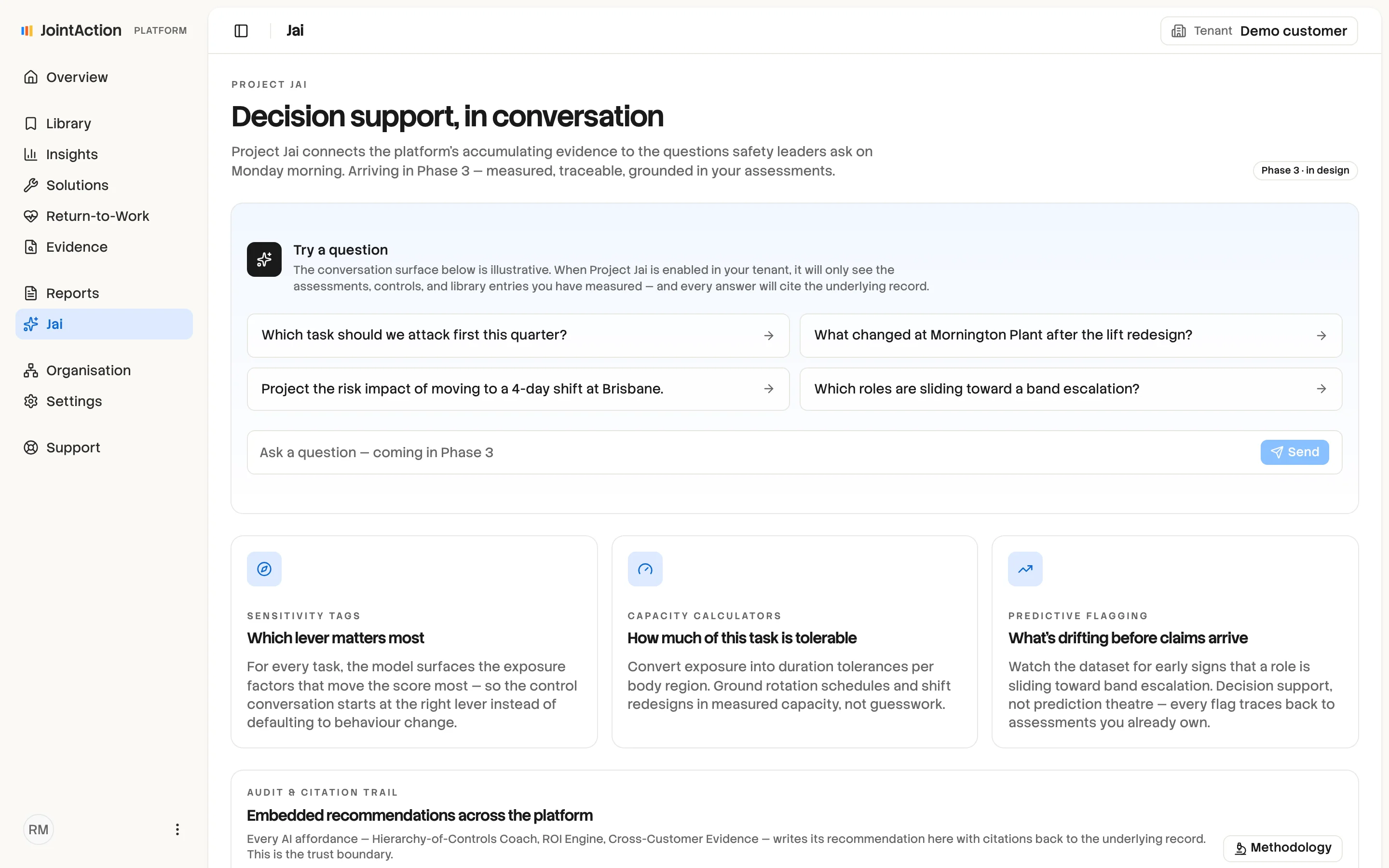 Project Jai decision support: example questions, sensitivity tags, capacity calculators and predictive flagging, with the audit and citation trail